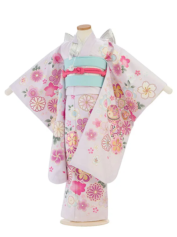 七五三レンタル(7歳女児結び帯) F472 花うさぎ／薄紫 鞠にねじり梅