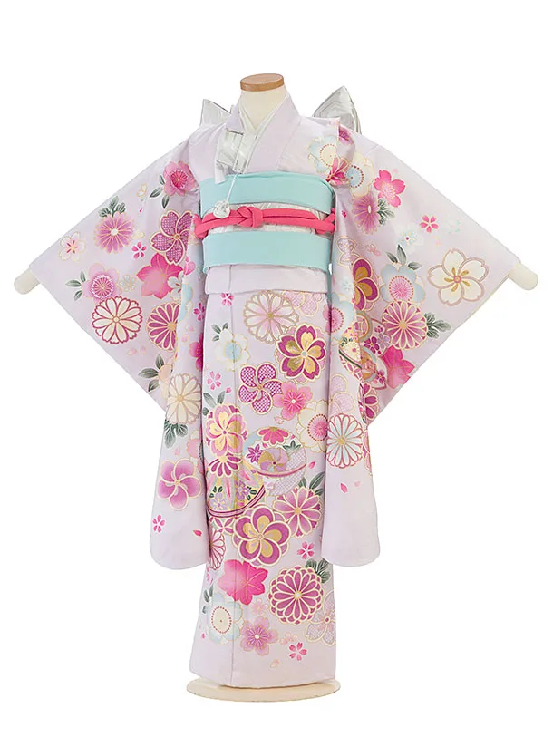 七五三レンタル(7歳女児結び帯) F472 花うさぎ／薄紫 鞠にねじり梅