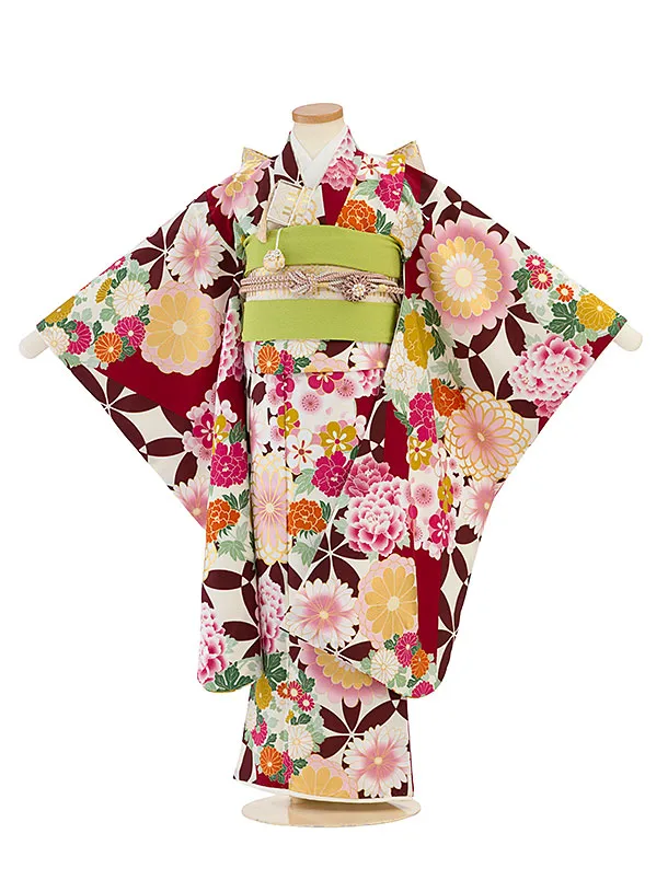 七五三レンタル(7歳女児結び帯) F474 花わらべ／クリーム×エンジ 古典華