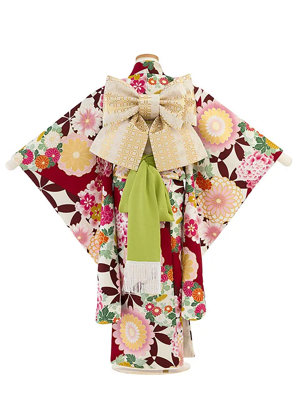 七五三レンタル(7歳女児結び帯) F474 花わらべ／クリーム×エンジ 古典華