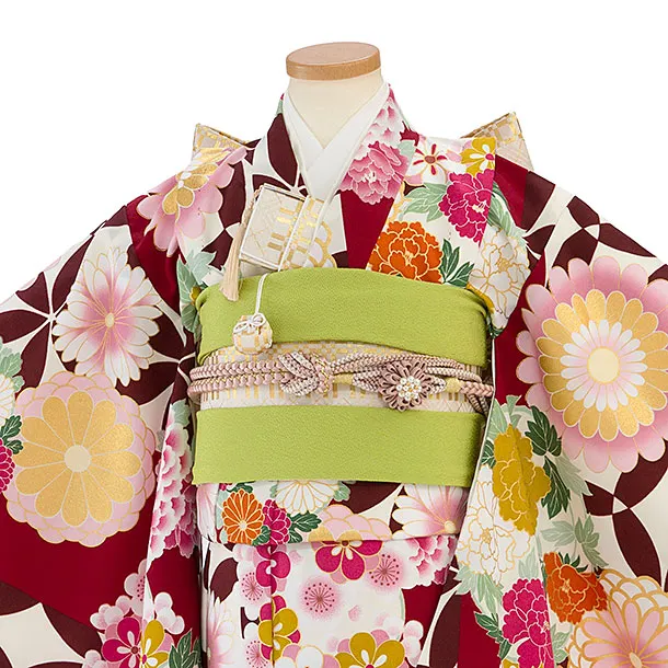 七五三レンタル(7歳女児結び帯) F474 花わらべ／クリーム×エンジ 古典華