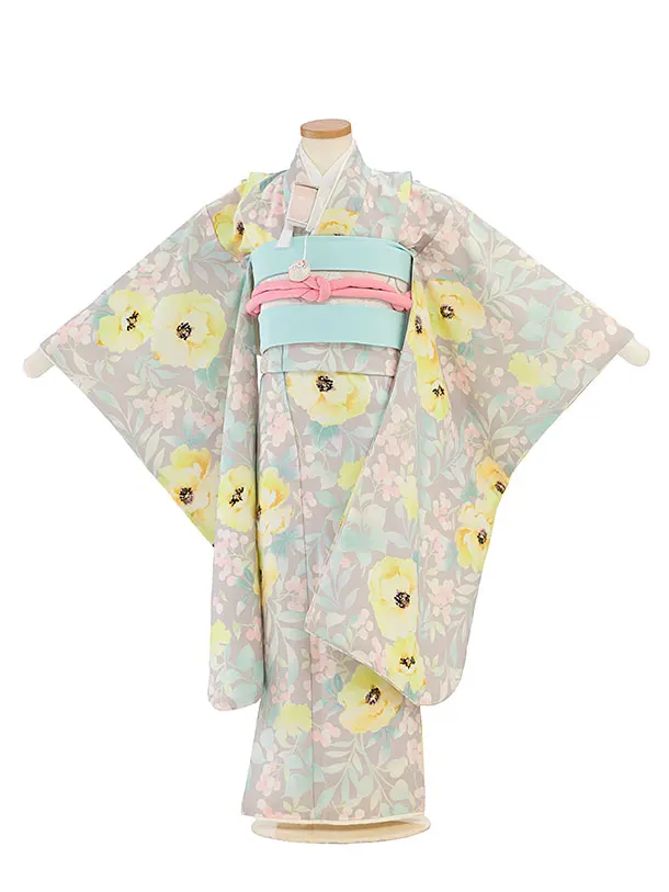 七五三レンタル(7歳女児結び帯)F475 花わらべ／グレージュ カラフルフラワー