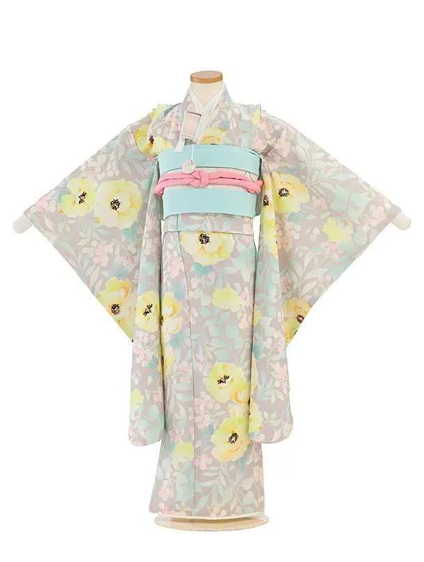 七五三レンタル(7歳女児結び帯)F475 花わらべ／グレージュ カラフルフラワー