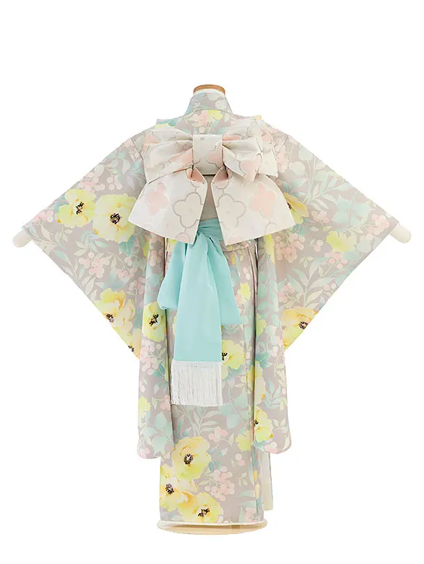 七五三レンタル(7歳女児結び帯)F475 花わらべ／グレージュ カラフルフラワー