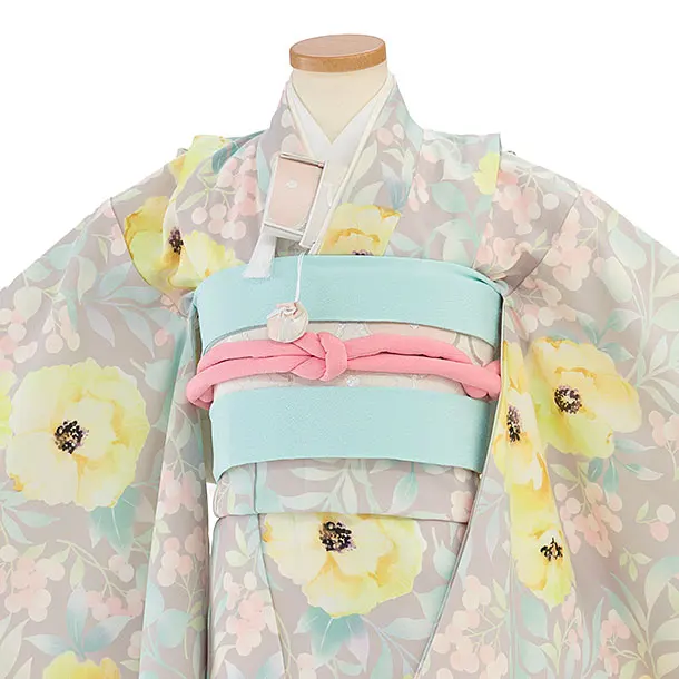 七五三レンタル(7歳女児結び帯)F475 花わらべ／グレージュ カラフルフラワー