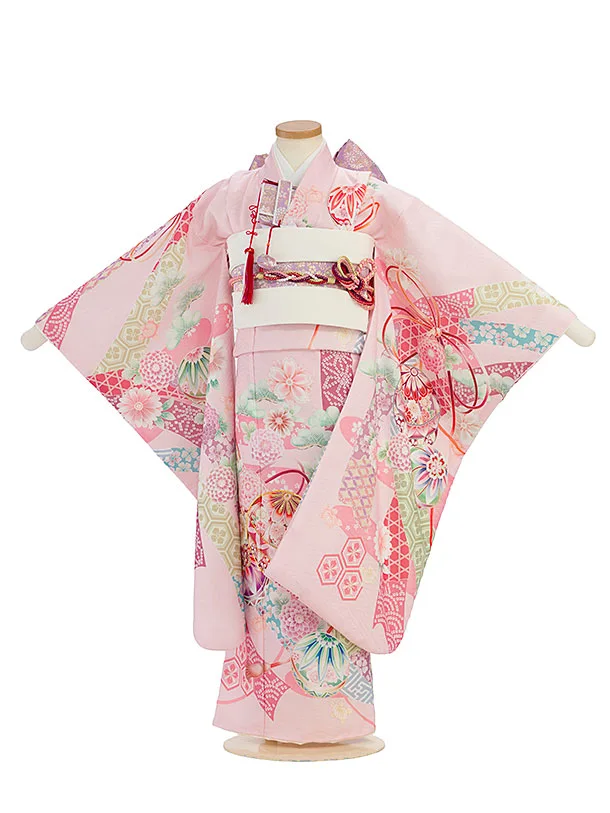 七五三レンタル(7歳女児結び帯) F479 式部浪漫／ピンク 華鞠熨斗