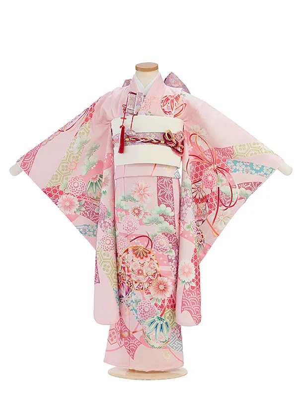 七五三レンタル(7歳女児結び帯) F479 式部浪漫／ピンク 華鞠熨斗