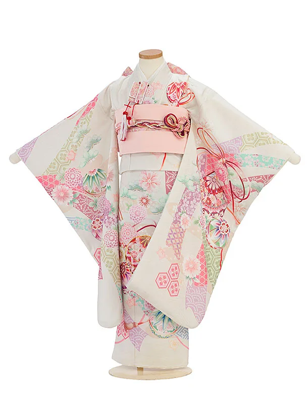 七五三レンタル(7歳女児結び帯) F480 式部浪漫／オフホワイト 華鞠熨斗