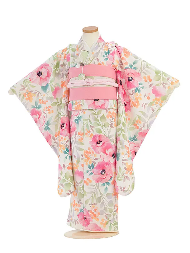 七五三レンタル(5歳女児結び帯)F500花わらべ／オフホワイト カラフルフラワー
