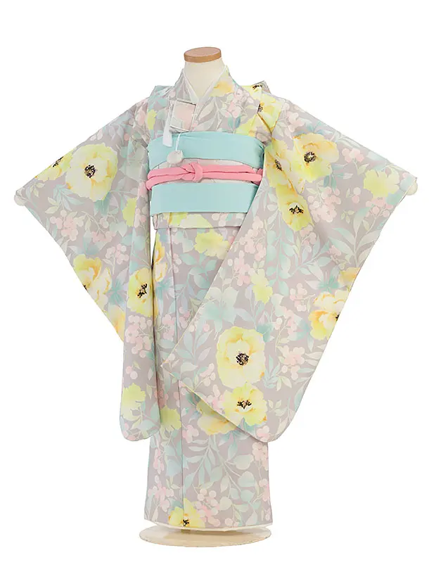 七五三レンタル(5歳女児結び帯)F501 花わらべ／グレージュ カラフルフラワー