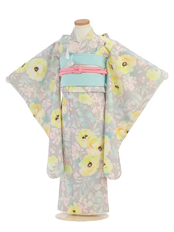 七五三レンタル(5歳女児結び帯)F501 花わらべ／グレージュ カラフルフラワー