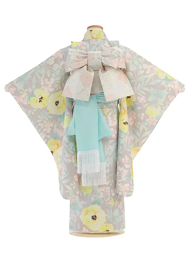 七五三レンタル(5歳女児結び帯)F501 花わらべ／グレージュ カラフルフラワー