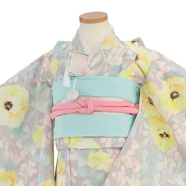 七五三レンタル(5歳女児結び帯)F501 花わらべ／グレージュ カラフルフラワー