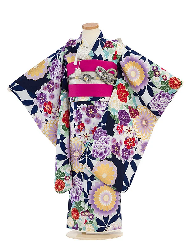 七五三レンタル(5歳女児結び帯) F502 花わらべ／白×紺 古典華