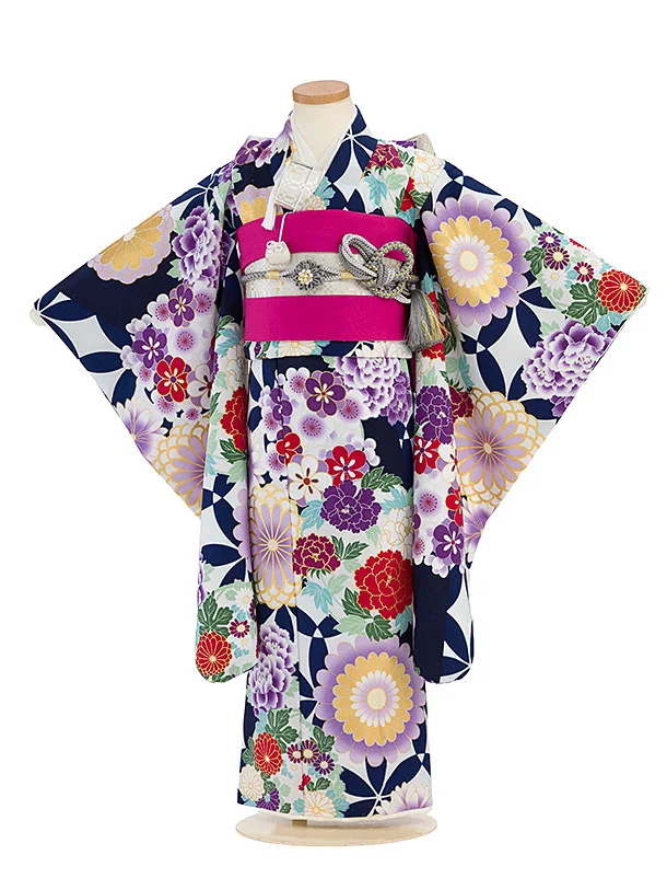 七五三レンタル(5歳女児結び帯) F502 花わらべ／白×紺 古典華
