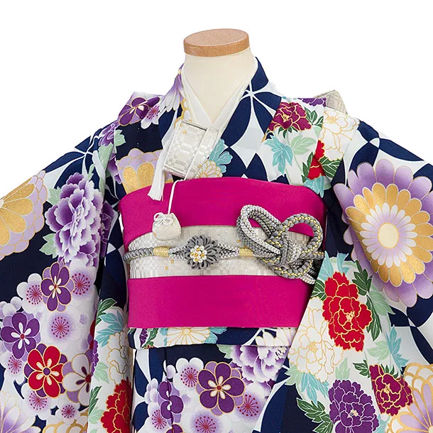 七五三レンタル(5歳女児結び帯) F502 花わらべ／白×紺 古典華