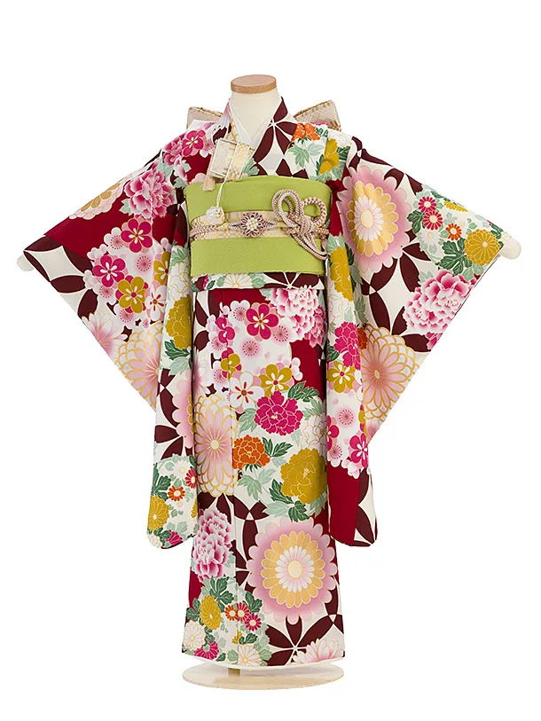 七五三レンタル(5歳女児結び帯) F503 花わらべ／クリーム×エンジ 古典華