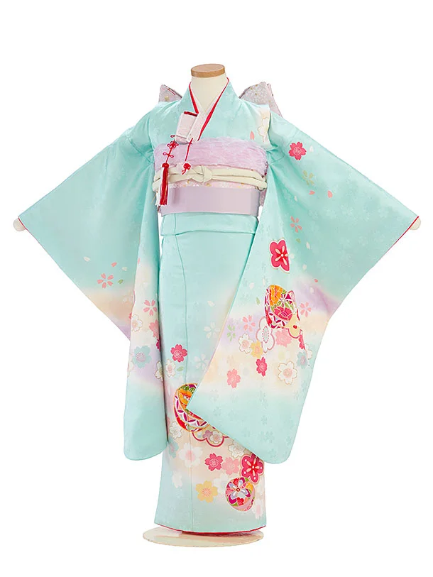【正絹】七五三レンタル(7歳女児結び帯) F507 水色 花まり
