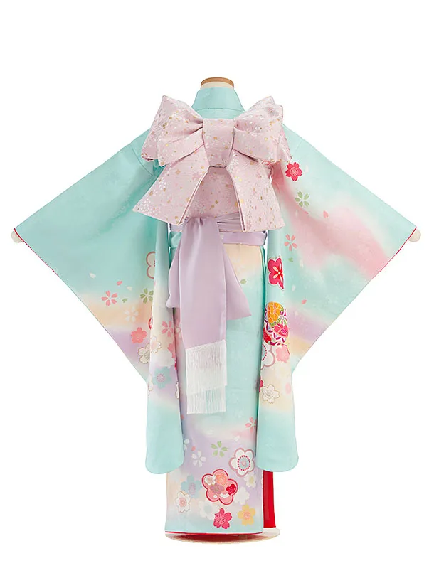 【正絹】七五三レンタル(7歳女児結び帯) F507 水色 花まり