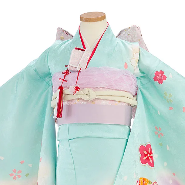 【正絹】七五三レンタル(7歳女児結び帯) F507 水色 花まり