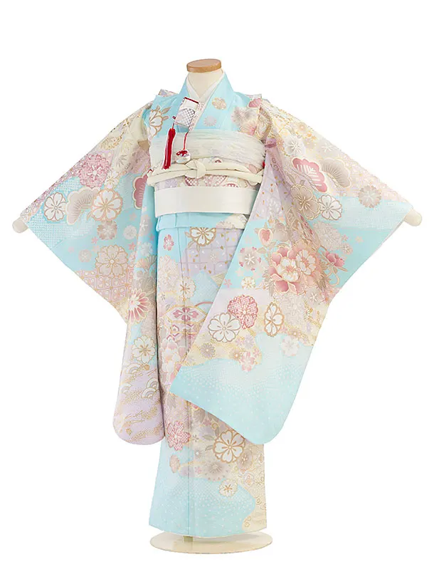 七五三レンタル(7歳女児結び帯) F517 水色 花貝桶