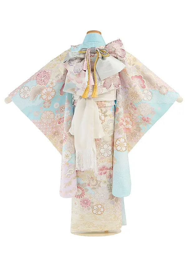 七五三レンタル(7歳女児結び帯) F517 水色 花貝桶