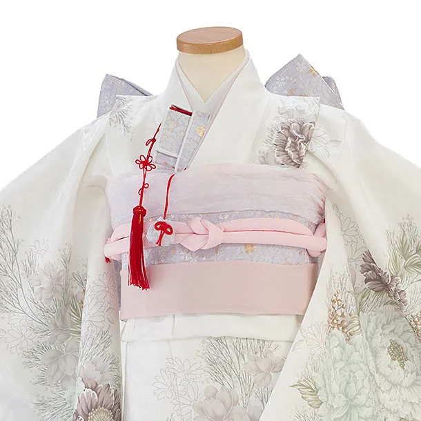 七五三レンタル(5歳女児結び帯) F525 白 かすみ草に牡丹