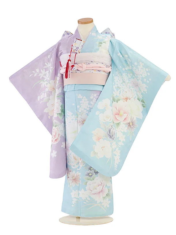 七五三レンタル(5歳女児結び帯) F527 水色×ラベンダー片身替わり 花華