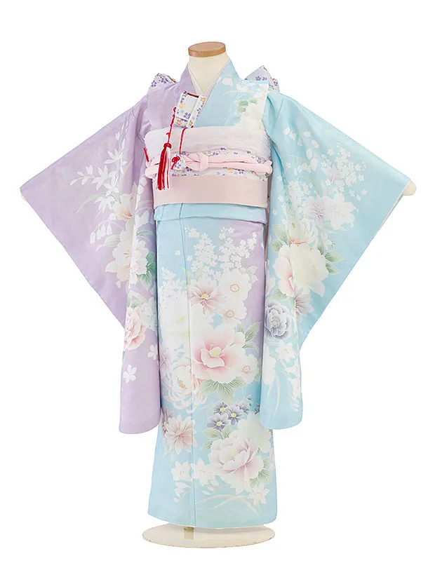 七五三レンタル(5歳女児結び帯) F527 水色×ラベンダー片身替わり 花華
