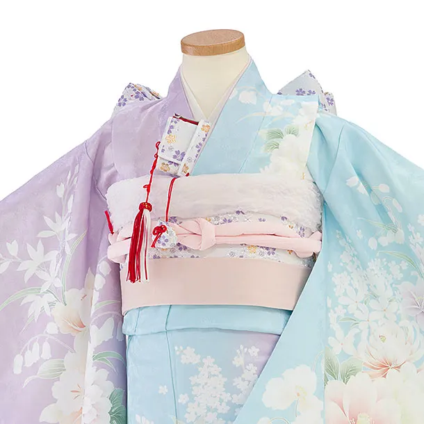 七五三レンタル(5歳女児結び帯) F527 水色×ラベンダー片身替わり 花華