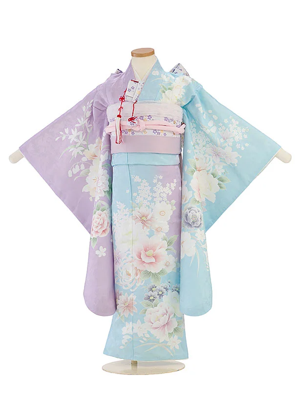 七五三レンタル(7歳女児結び帯) F528 水色×ラベンダー片身替わり 花華
