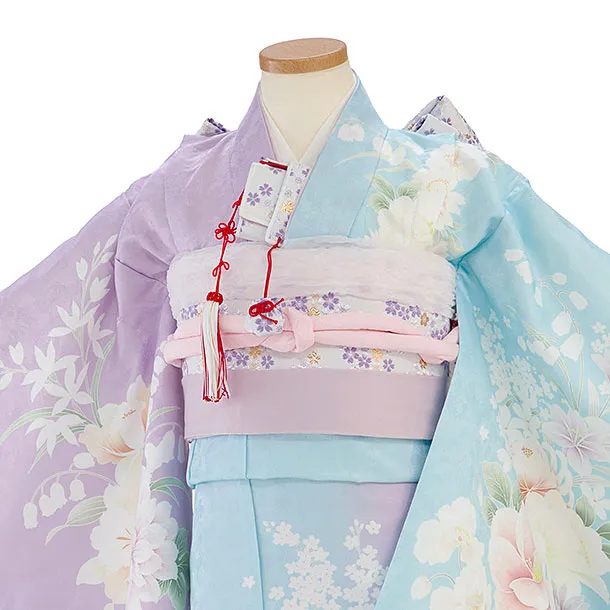 七五三レンタル(7歳女児結び帯) F528 水色×ラベンダー片身替わり 花華