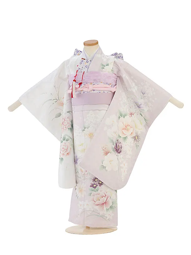 七五三レンタル(5歳女児結び帯) F533 白×淡くすみピンク片身替わり 花華
