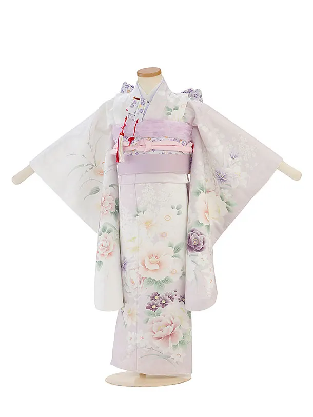 七五三レンタル(5歳女児結び帯) F533 白×淡くすみピンク片身替わり 花華