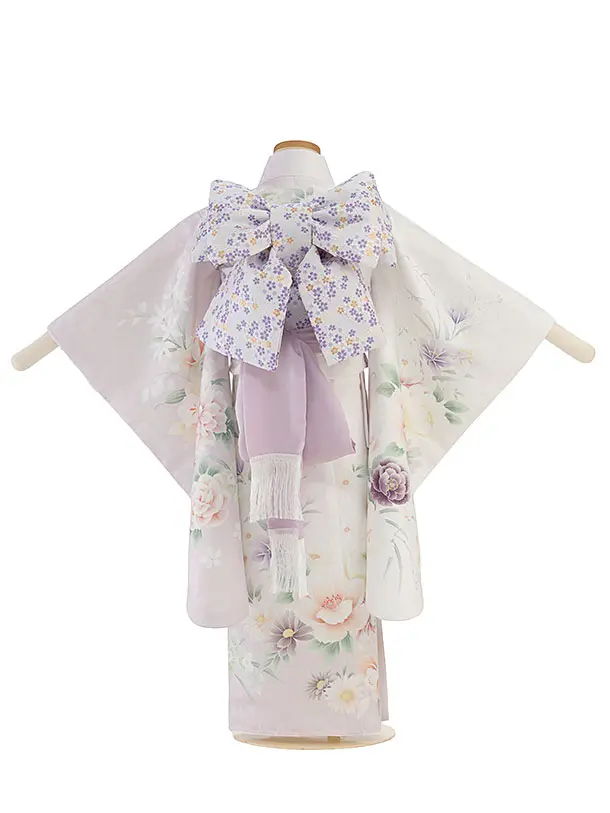七五三レンタル(5歳女児結び帯) F533 白×淡くすみピンク片身替わり 花華