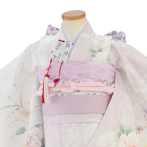 七五三レンタル(5歳女児結び帯) F533 白×淡くすみピンク片身替わり 花華
