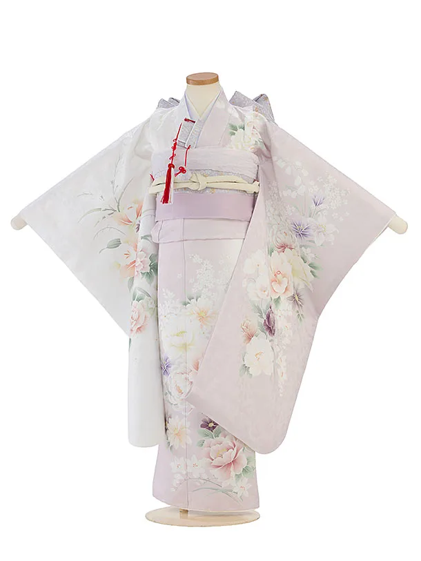 七五三レンタル(7歳女児結び帯) F534 白×淡くすみピンク片身替わり 花華