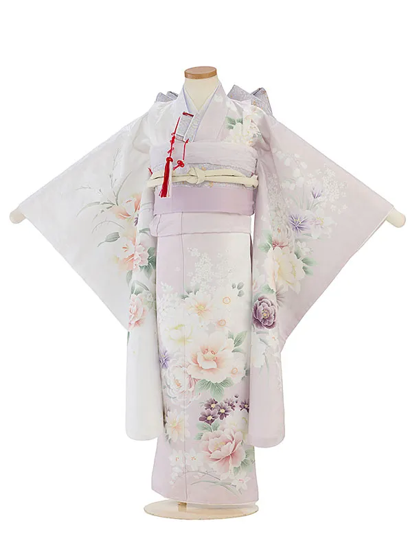 七五三レンタル(7歳女児結び帯) F534 白×淡くすみピンク片身替わり 花華