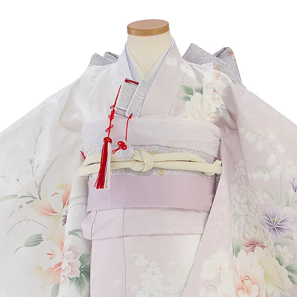 七五三レンタル(7歳女児結び帯) F534 白×淡くすみピンク片身替わり 花華