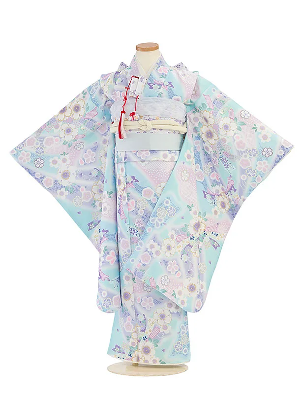 七五三レンタル(8歳9歳女児結び帯) F543 KAGURA／水色 桜熨斗