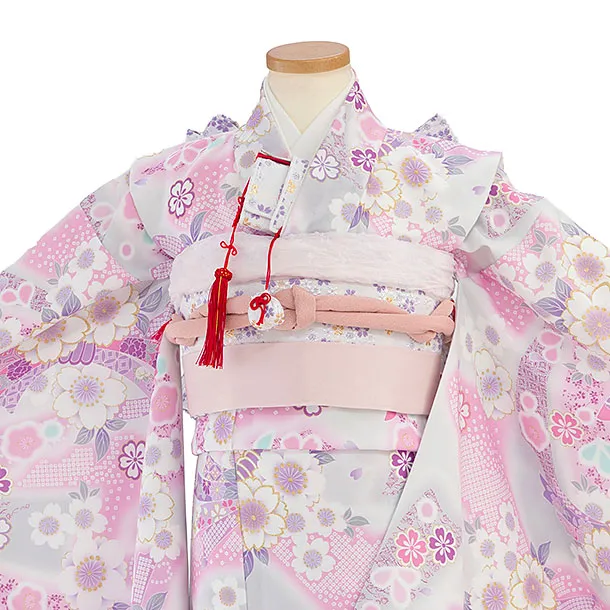 七五三レンタル(8歳9歳女児結び帯) F544 KAGURA／淡グレー 桜熨斗