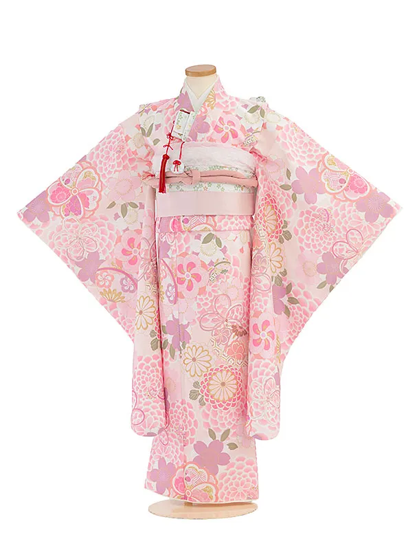 七五三(8歳9歳女児結び帯) F545 KAGURA／薄ピンクベージュ 桜菊