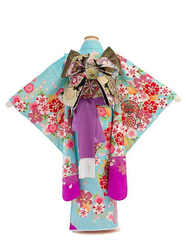 【正絹】七五三レンタル(7歳女児結び帯) F555 水色 花鼓