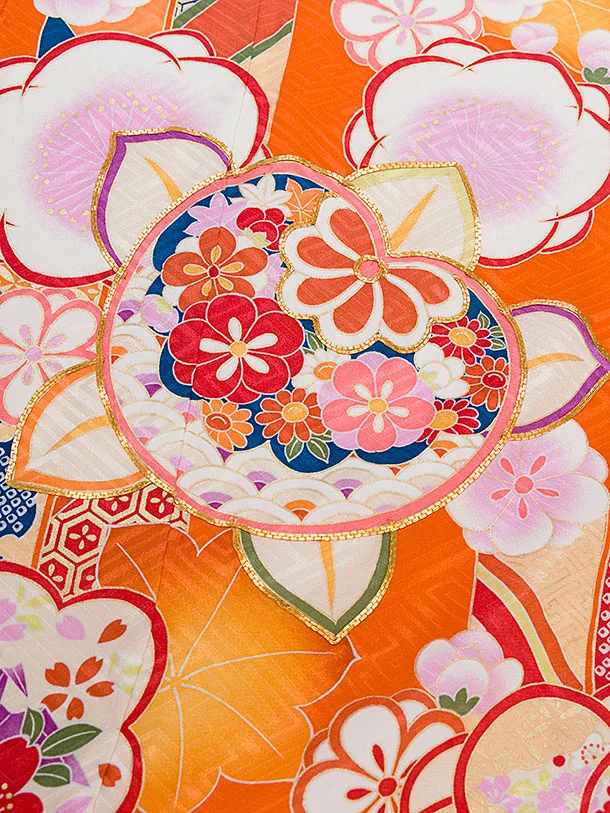 【正絹】七五三レンタル(7歳女児結び帯) F556 オレンジ 桜橘