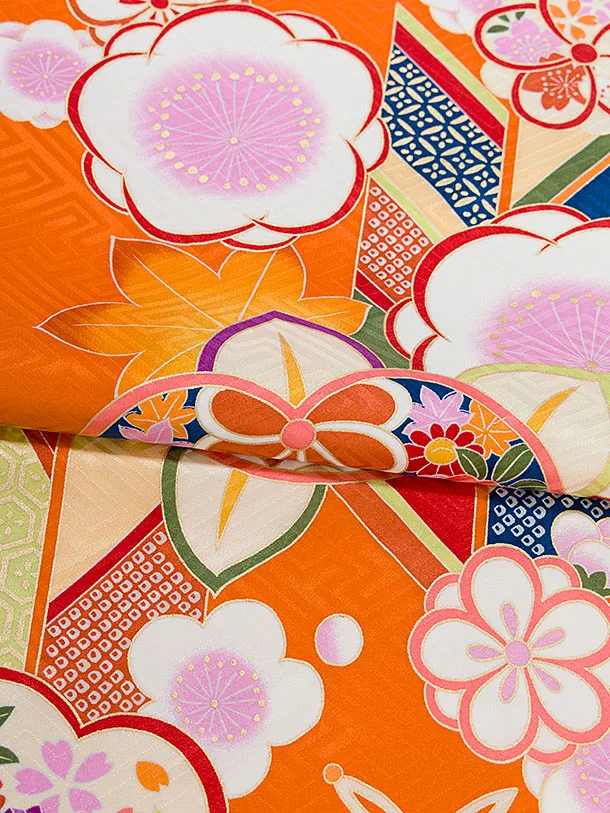 【正絹】七五三レンタル(7歳女児結び帯) F556 オレンジ 桜橘