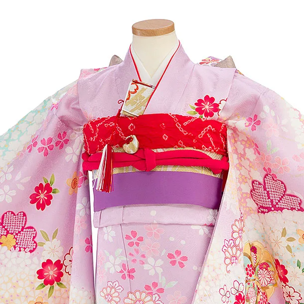 【正絹】七五三レンタル(7歳女児結び帯) F557 ピンクパープル 花尽くし