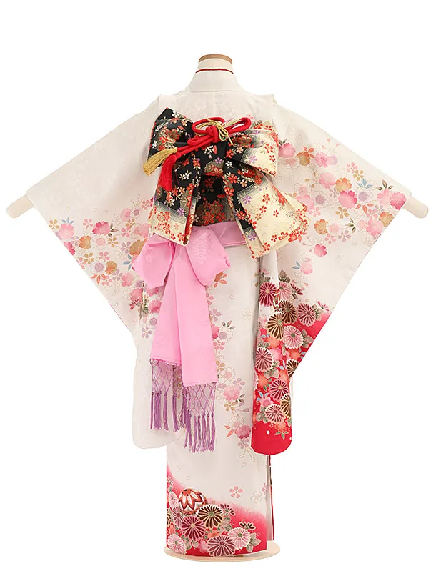 七五三レンタル(6歳7歳女児結び帯) G017 白 桜菊