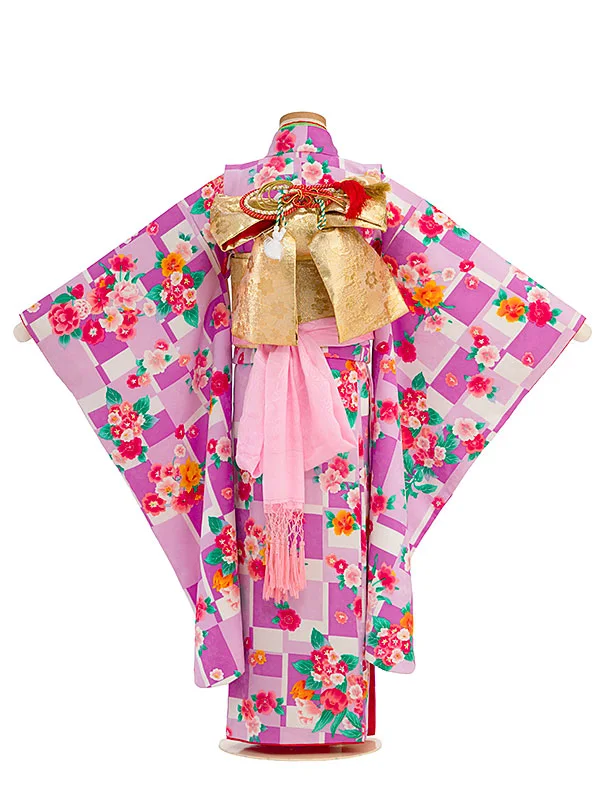 753レンタル(7歳女結び帯) G114 ﾊﾟｰﾌﾟﾙ洋花