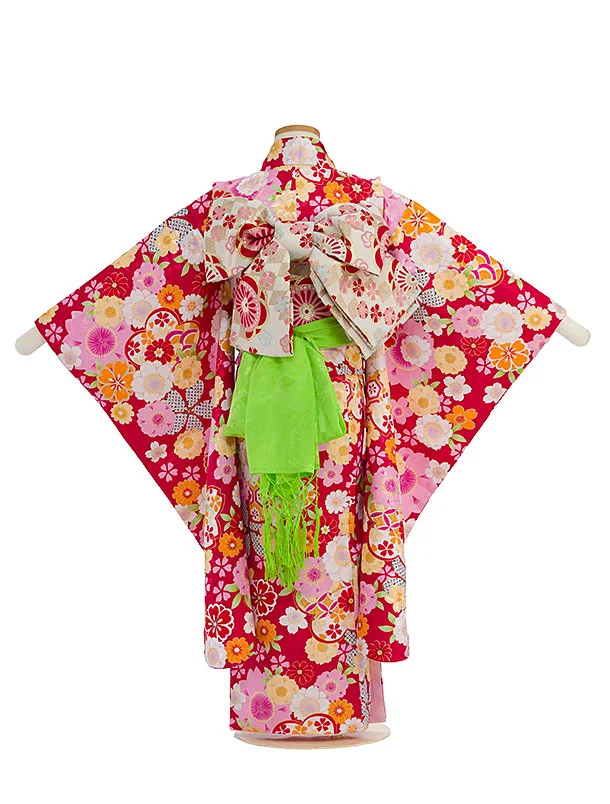 753レンタル(7歳女結び帯) G118 赤地 花