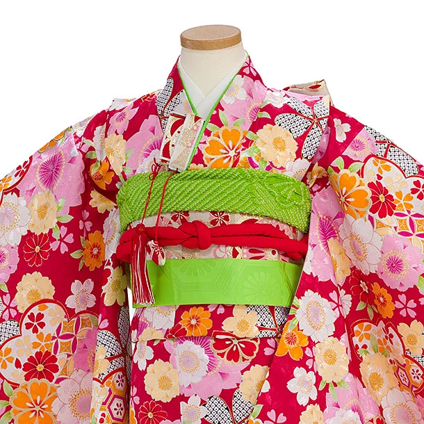 753レンタル(7歳女結び帯) G118 赤地 花